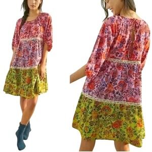 by ANTHROPOLOGIE Mabel Tiered Mini Peasant Dress SZ S Floral Print Romantic Boho